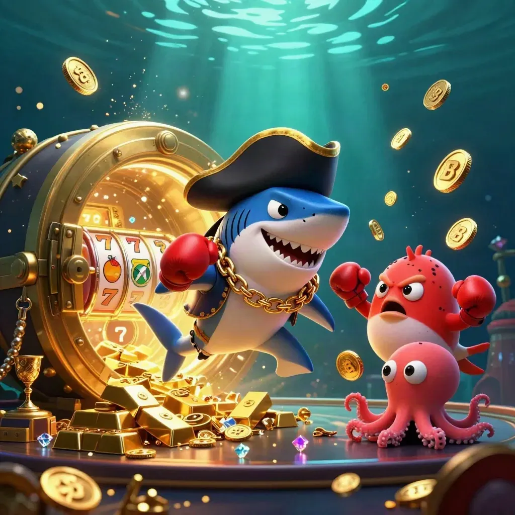 Pirate shark, boxing pufferfish, and juggling octopus amid treasure and glowing slot symbols.