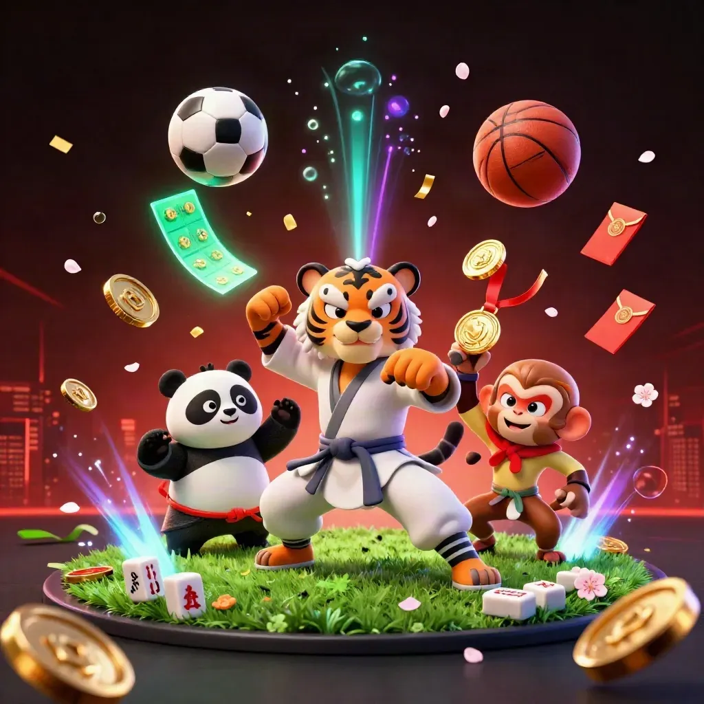 Tiger, panda, and monkey in neon casino sports chaos with balls, coins, and blazing lights.