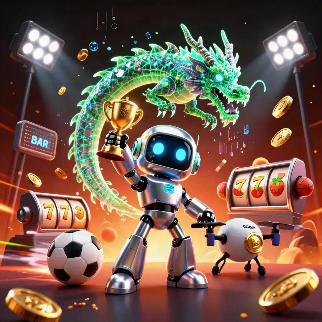 Cyberpunk robot, holographic dragon and coin drone amid casino lights, sports balls and slot reels