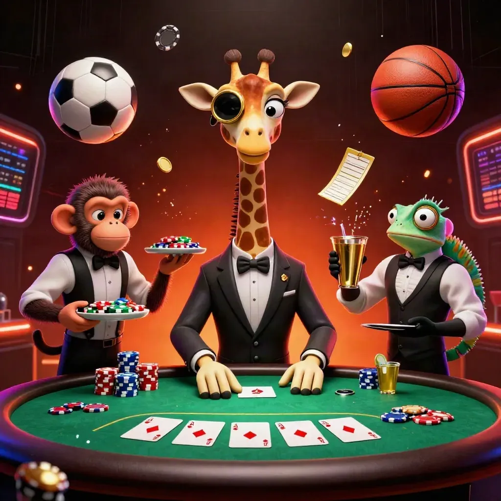 Giraffe, monkey, and chameleon casino mascots with flying chips, soccer ball, and basketball.