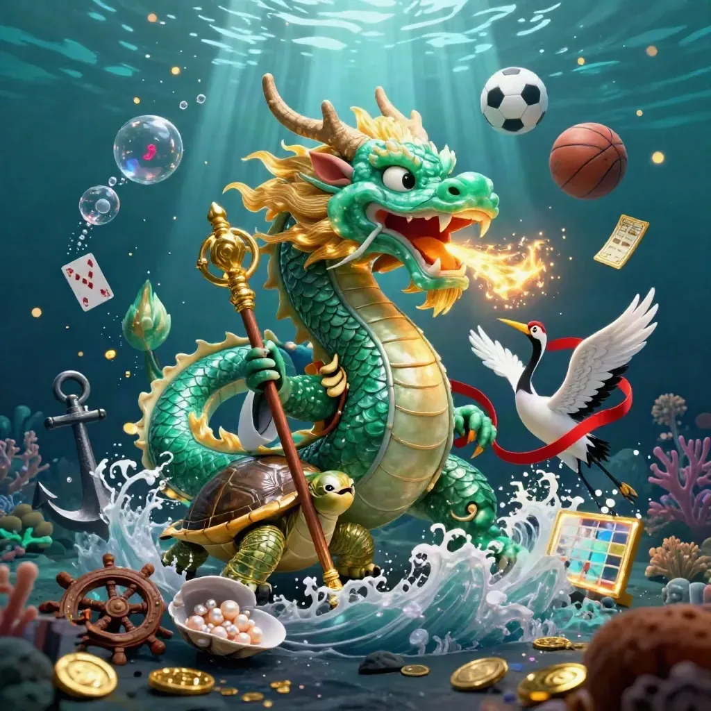 Dragon, turtle sage, and cranes amid underwater treasure, sports balls, and casino neon glow.