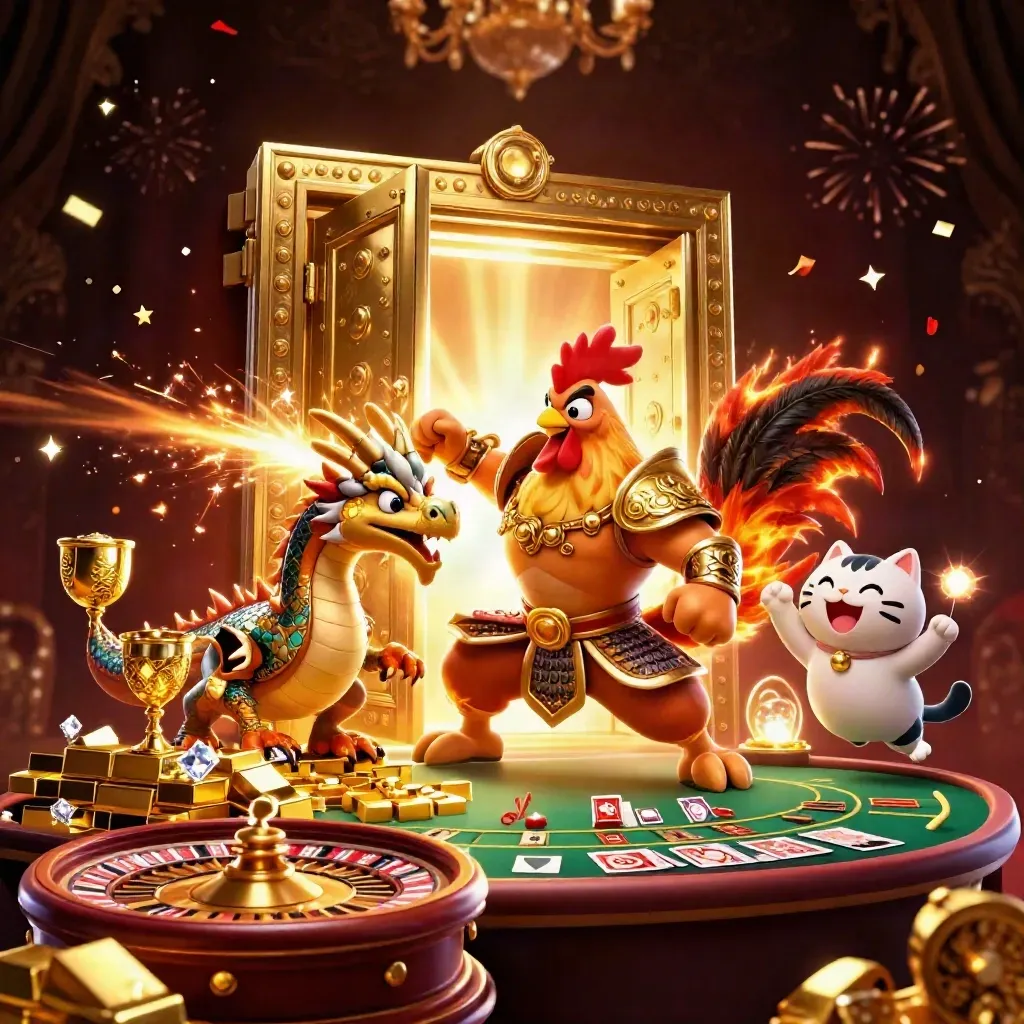 Rooster warrior, dragon hatchling, and fortune-cat amid vault gold, sparks, and casino glamour.