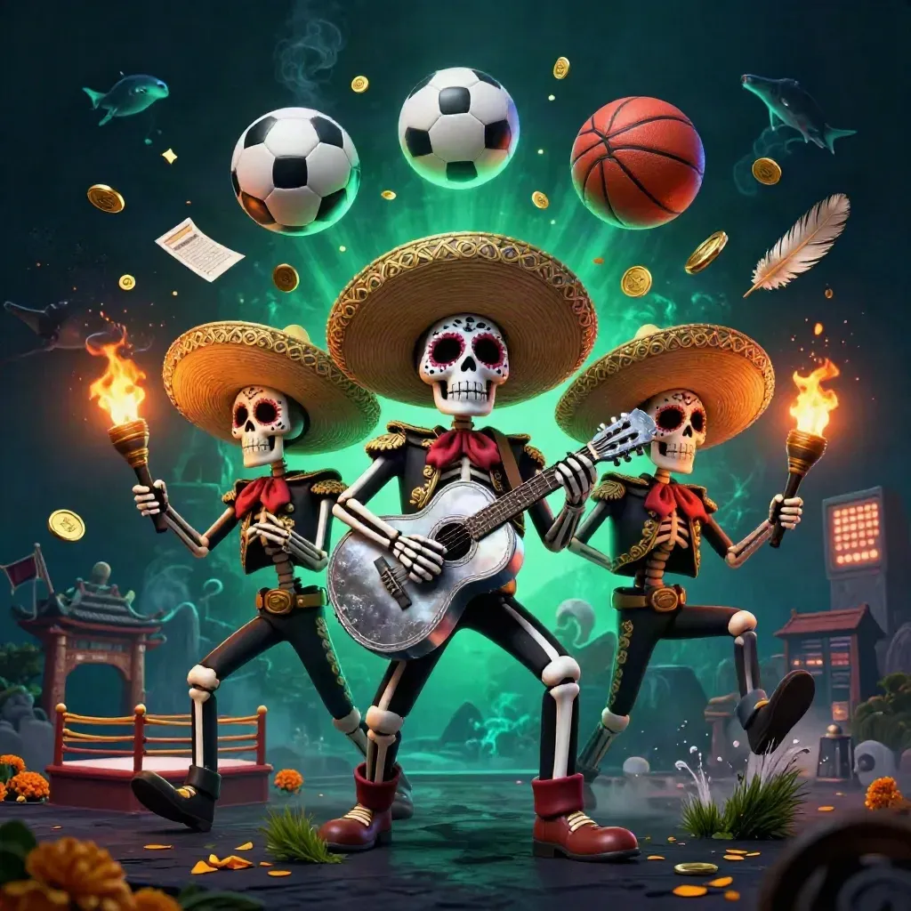 Skeleton mariachi trio amid flying balls, coins, feathers and neon casino lights