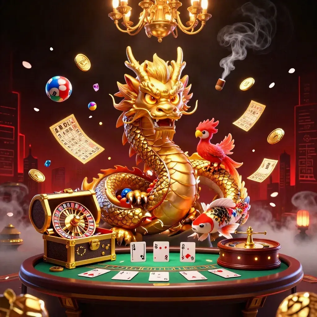 Golden dragon and phoenix in a neon casino, with lottery balls, wheel, cards, and skyline glow.
