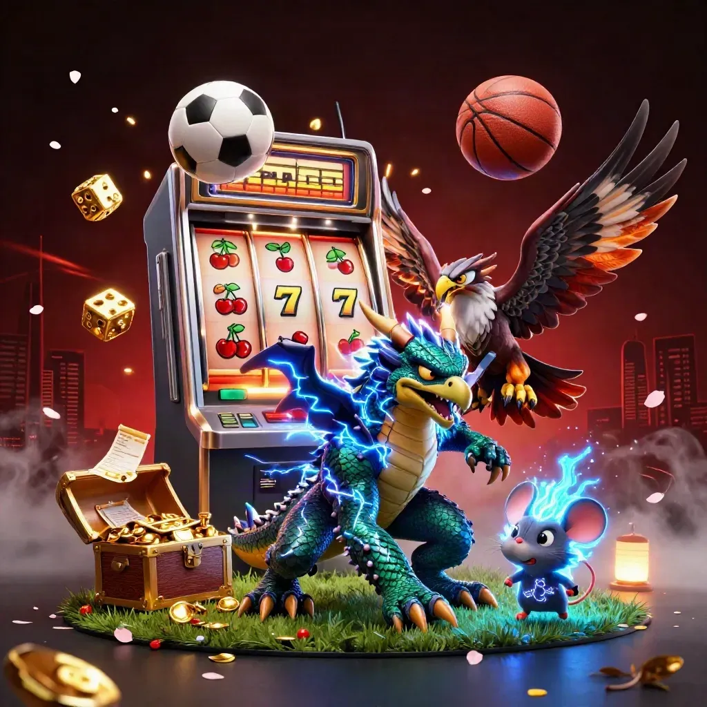 Electric dragon, wind hawk, and thunder-mouse amid slot burst, balls, gold, and neon haze.