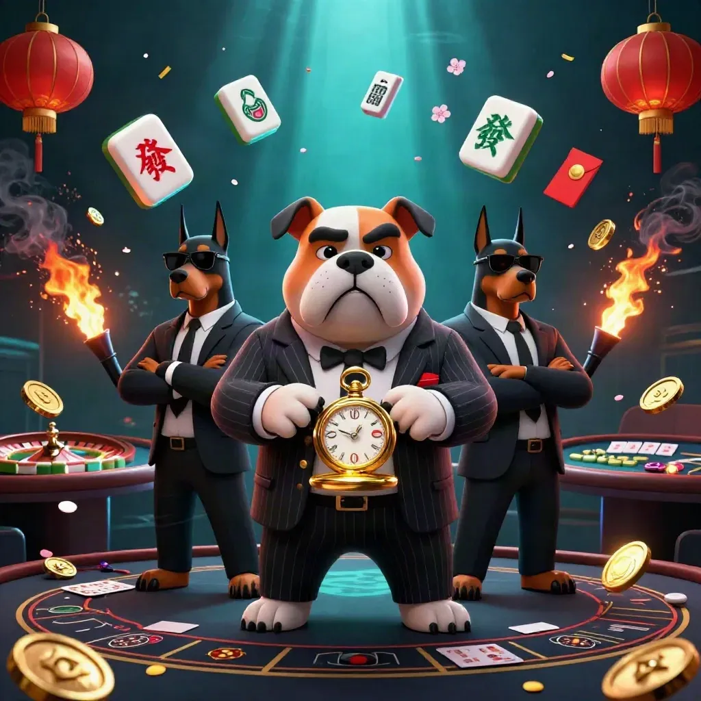 Mobster bulldog with two Dobermans amid neon casino props, smoke, lanterns, coins, and dramatic light.