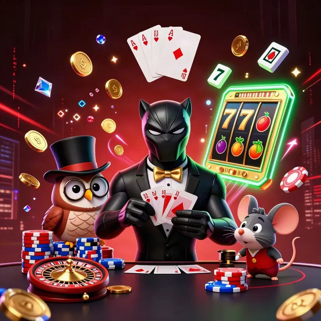 Black panther, owl and mouse in neon casino key art with chips, coins and roulette chaos.