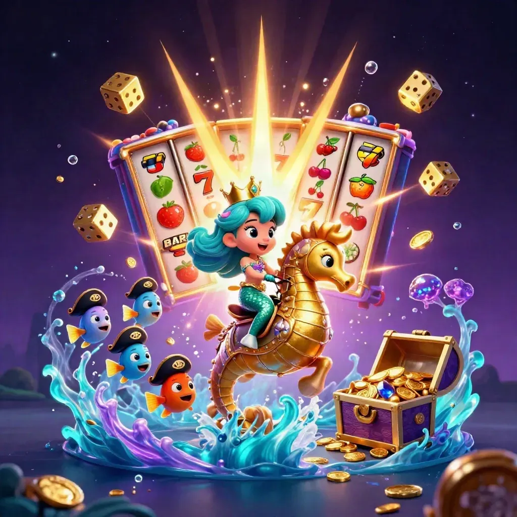 Mermaid princess on golden seahorse amid bursting slot machine, fish, treasure and neon underwater glow.