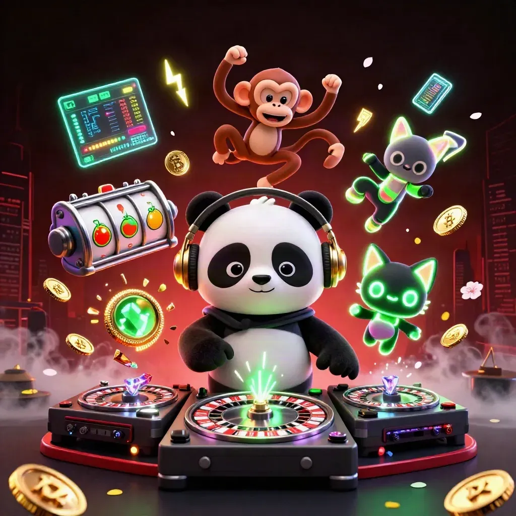 DJ panda, breakdancing monkey and glow-stick kitten amid neon casino coins, reels and lightning