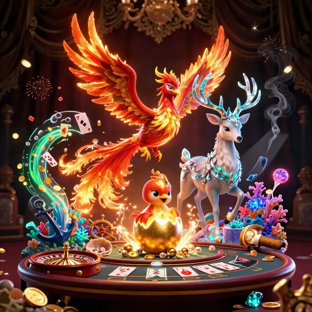 Phoenixes and a stag amid casino-gold treasure cove lights and swirling magic.