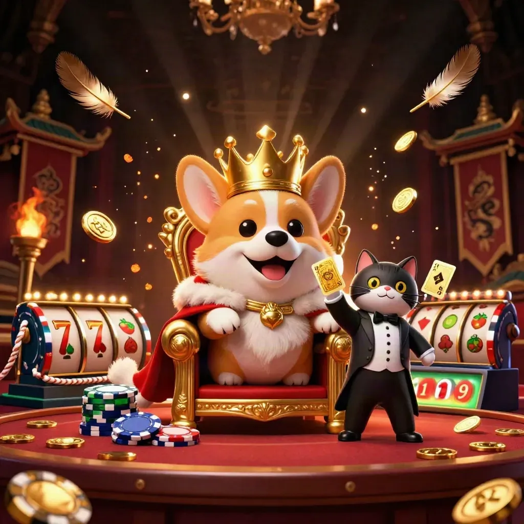 Royal corgi king and cat butler amid casino neon, coins, temple gate and flying symbols