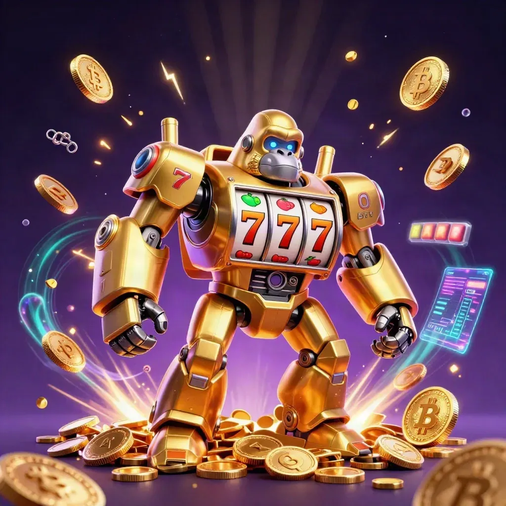 Golden gorilla mech with tiny monkey pilot bursts amid coins, reels, neon crypto, and fireworks.