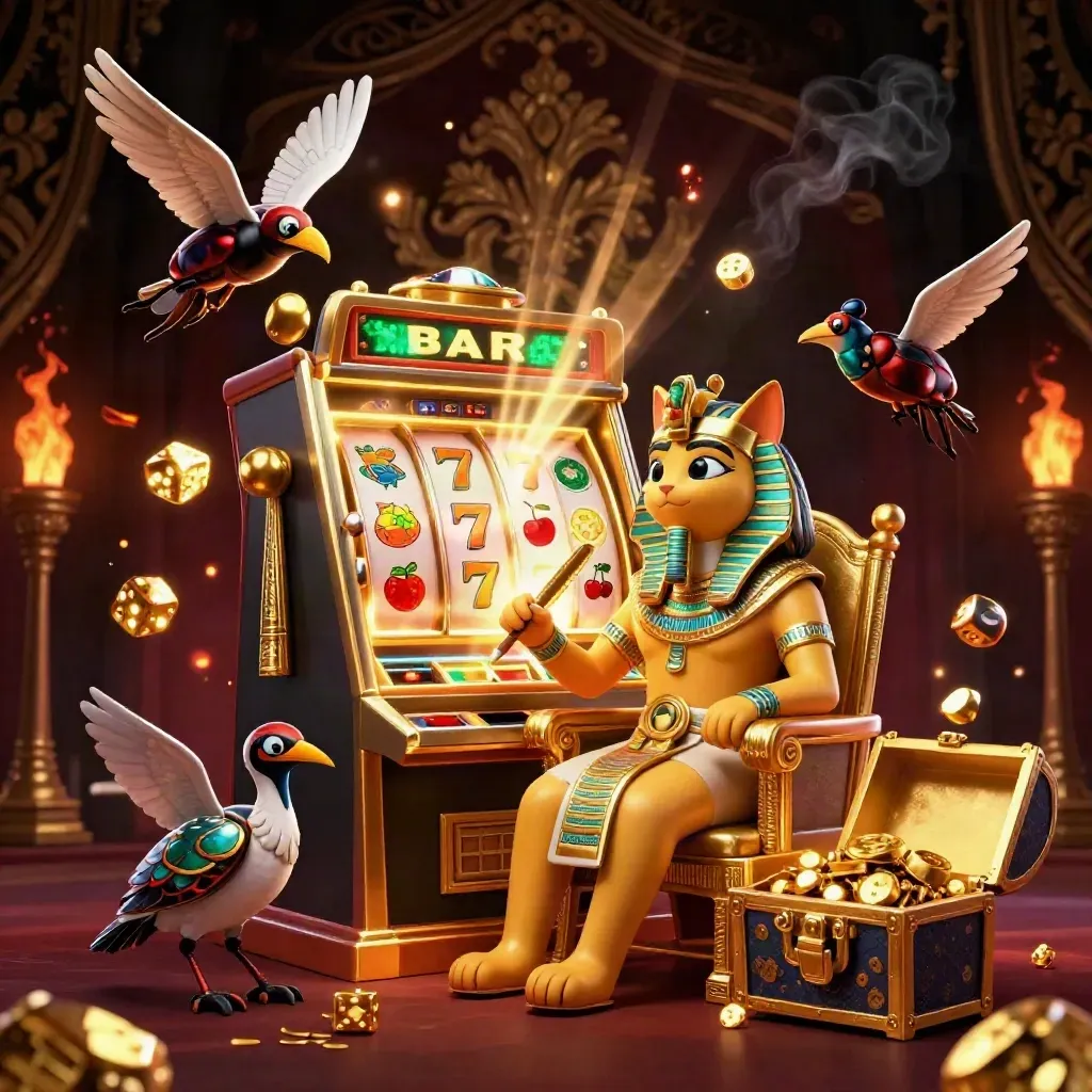 Pharaoh cat, ibis scribe, and gem-winged scarabs amid exploding slots and gold in dark neon casino art