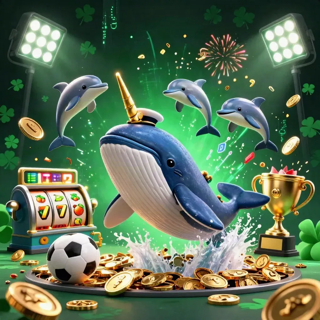 Whale captain, narwhal, and dolphins erupt from coins with casino lights and sports props.