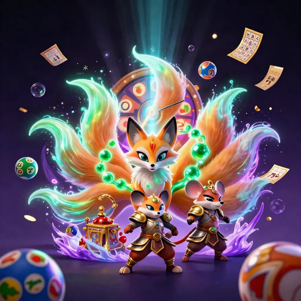 Fox spirit and golden mouse amid neon casino relics, lottery balls, bingo card, and spinning wheel.