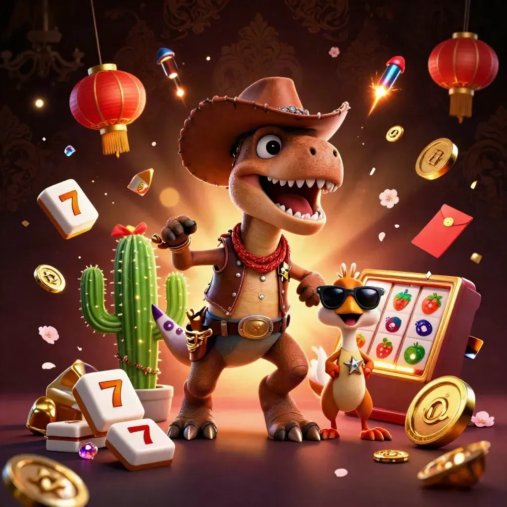 Cowboy T-Rex, cactus sidekick, and sheriff roadrunner amid casino treasure burst on a dark luxe backdrop.