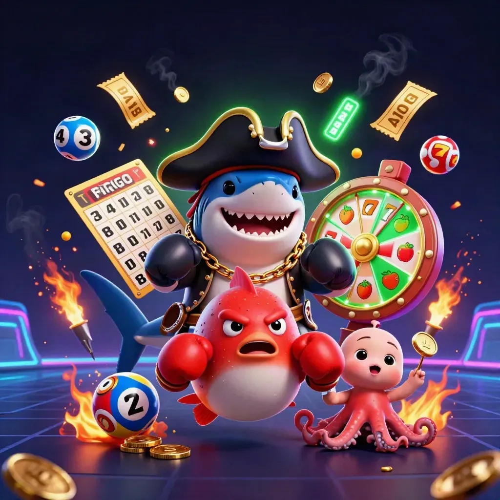 Pirate shark, boxing pufferfish, and coin-juggling octopus amid casino symbols on a neon dark background.