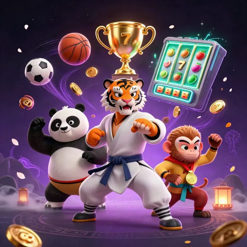 Tiger master, panda disciple, and monkey thief amid neon casino sports chaos.