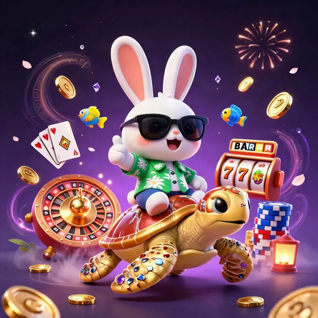 Lucky rabbit rides a golden sea turtle amid coins, cards, reels and fireworks in neon casino chaos