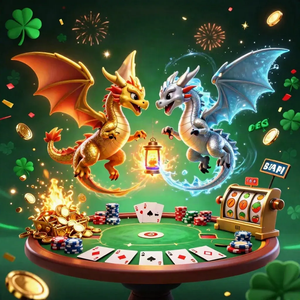 Twin gold and silver dragons with a lantern spirit amid casino cards, chips, reels and fireworks.