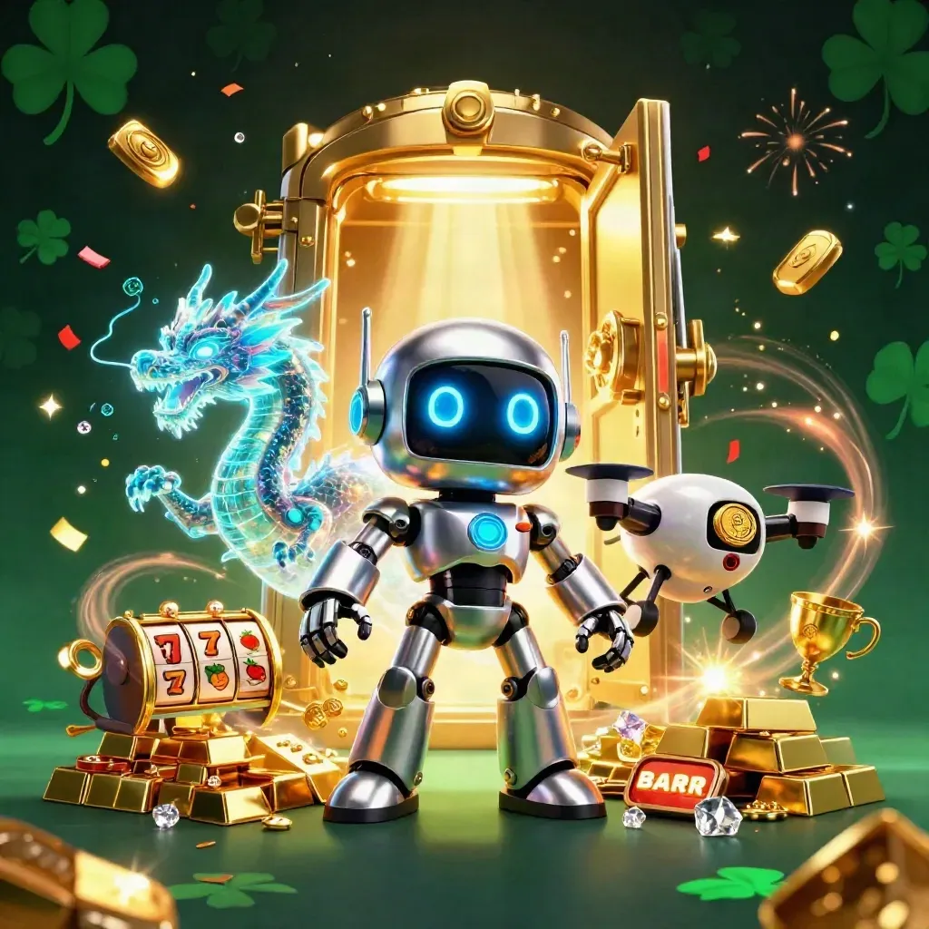 Cyberpunk robot, hologram dragon, and coin drone bursting from a golden vault in neon casino chaos.