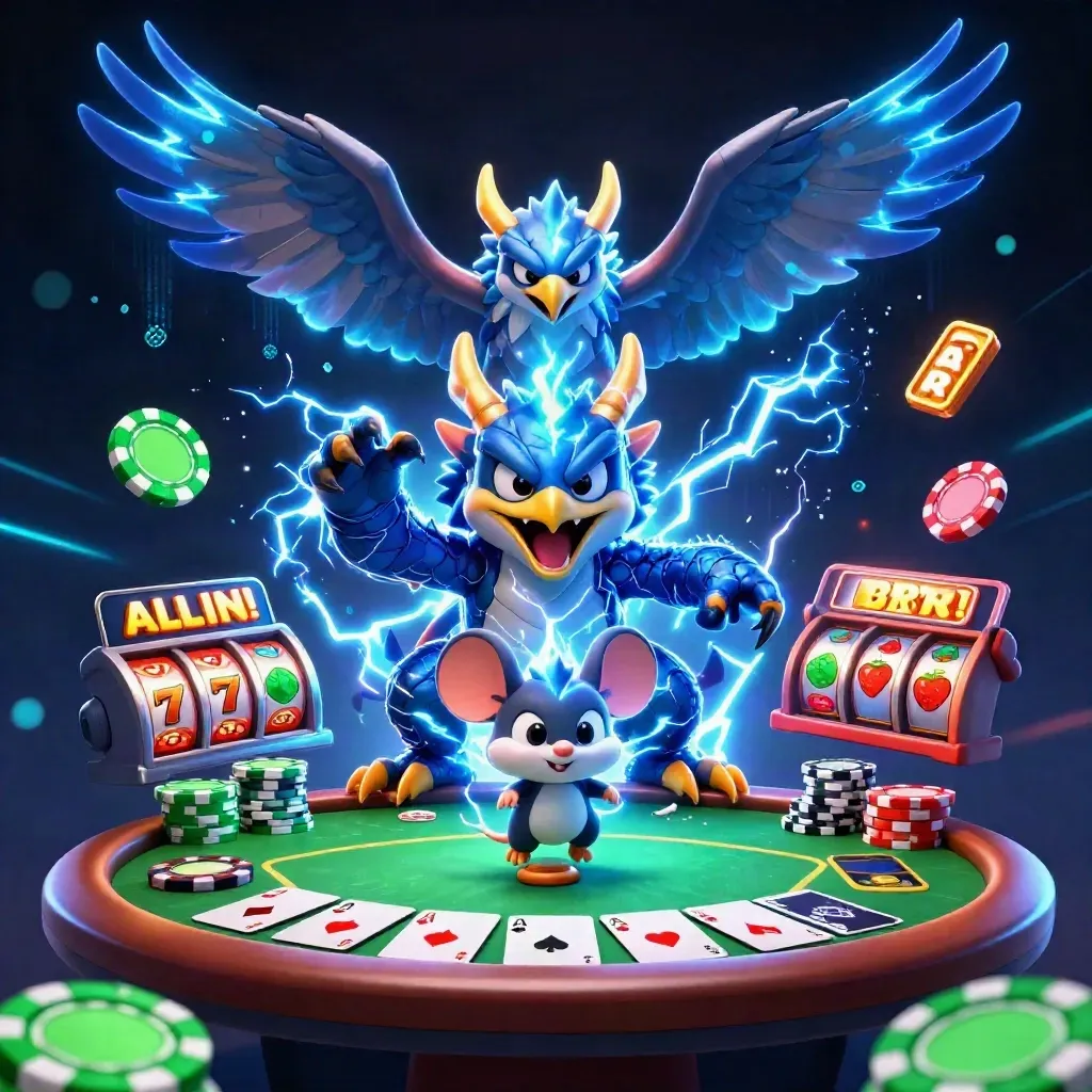 Thunder dragon, wind hawk, and static mouse amid casino chips, cards, and neon slot energy.