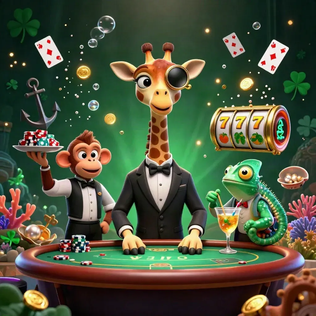 Neon-green casino trio in treasure cove with cards, coins, coral, and slot reels
