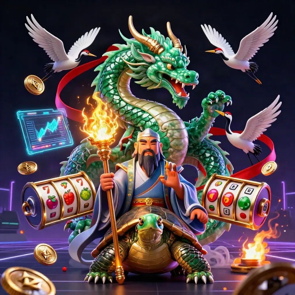 Emerald dragon, turtle sage, and cranes amid neon casino coins, lightning, and slot symbols.